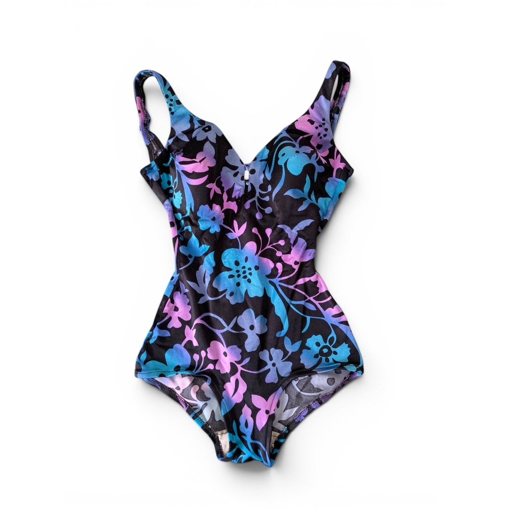 Vintage 80s Blue Floral One Piece Swimsuit S | Tropical Swimwear Made in USA